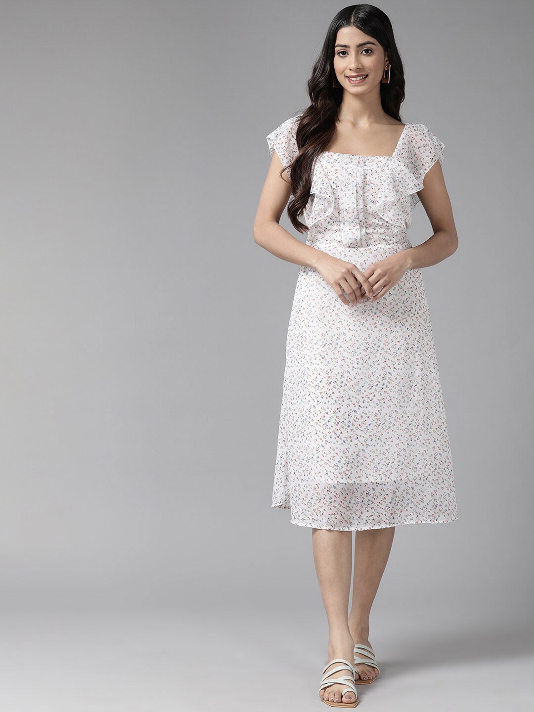 

BAESD Floral Self Design Flutter Sleeve Georgette A-Line Dress, White