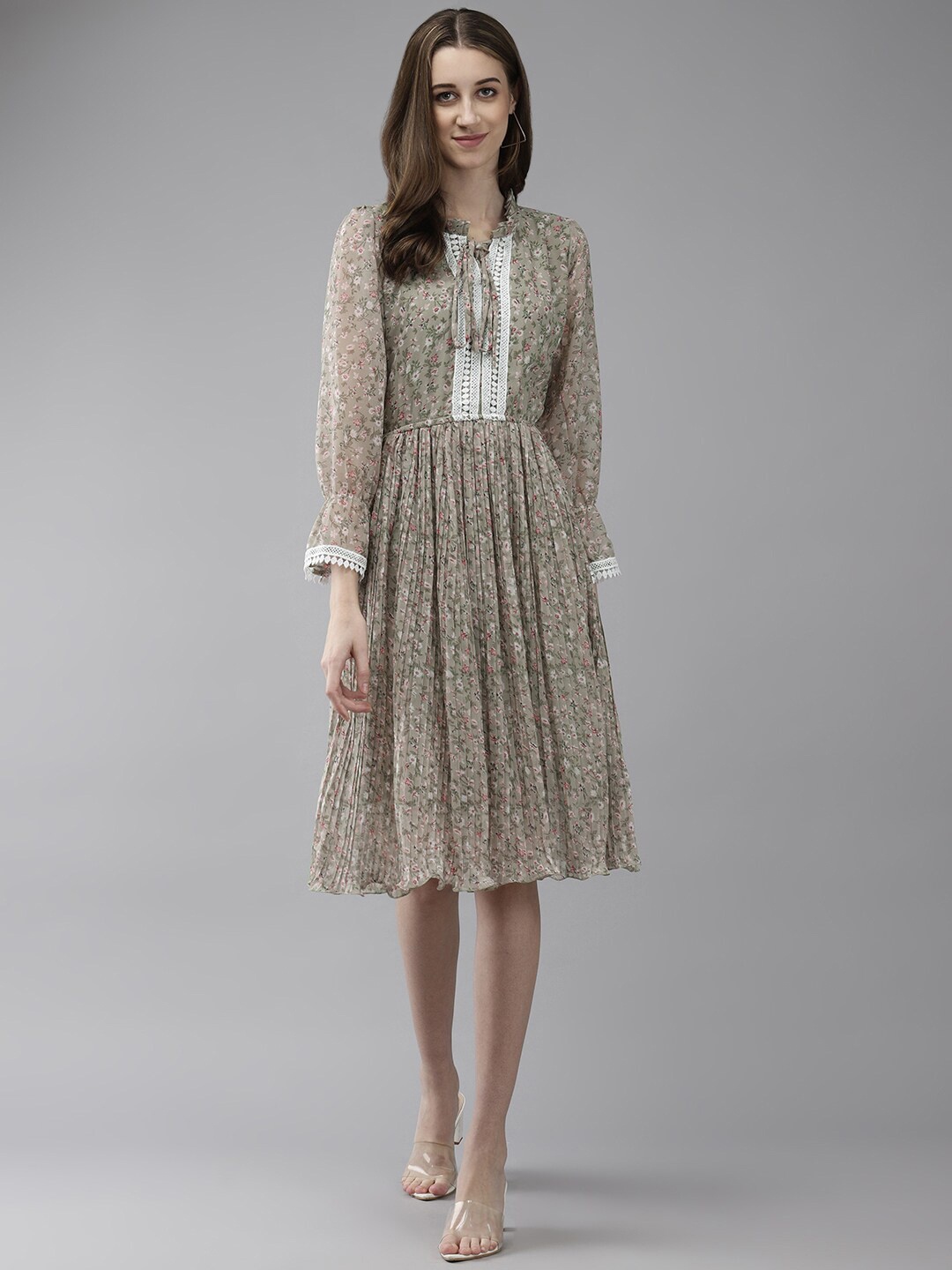 

BAESD Floral Printed Tie-Up Neck Georgette Fit & Flare Midi Dress, Green