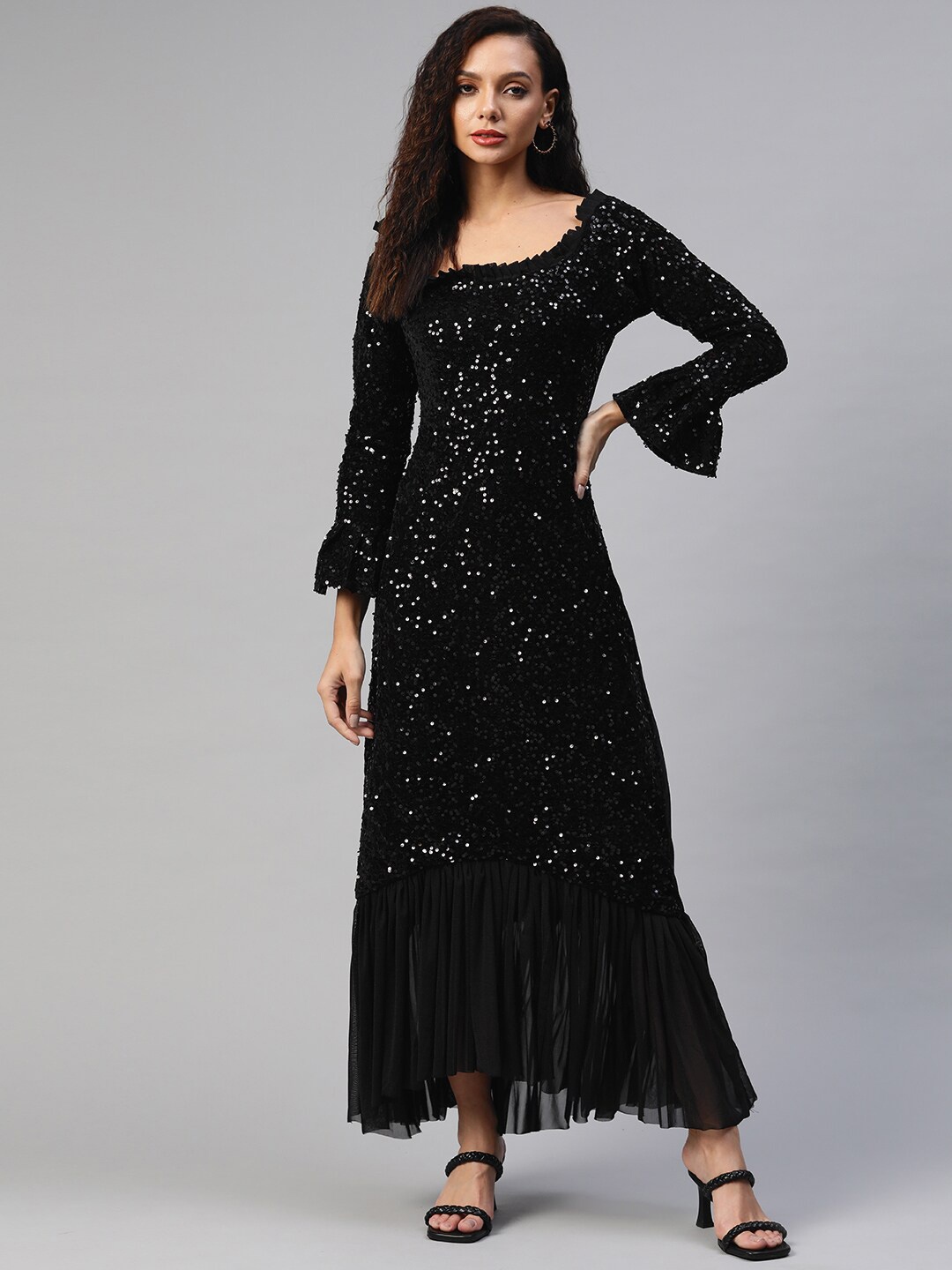 

BAESD Embellished Bell Sleeves Georgette A-Line Dress, Black
