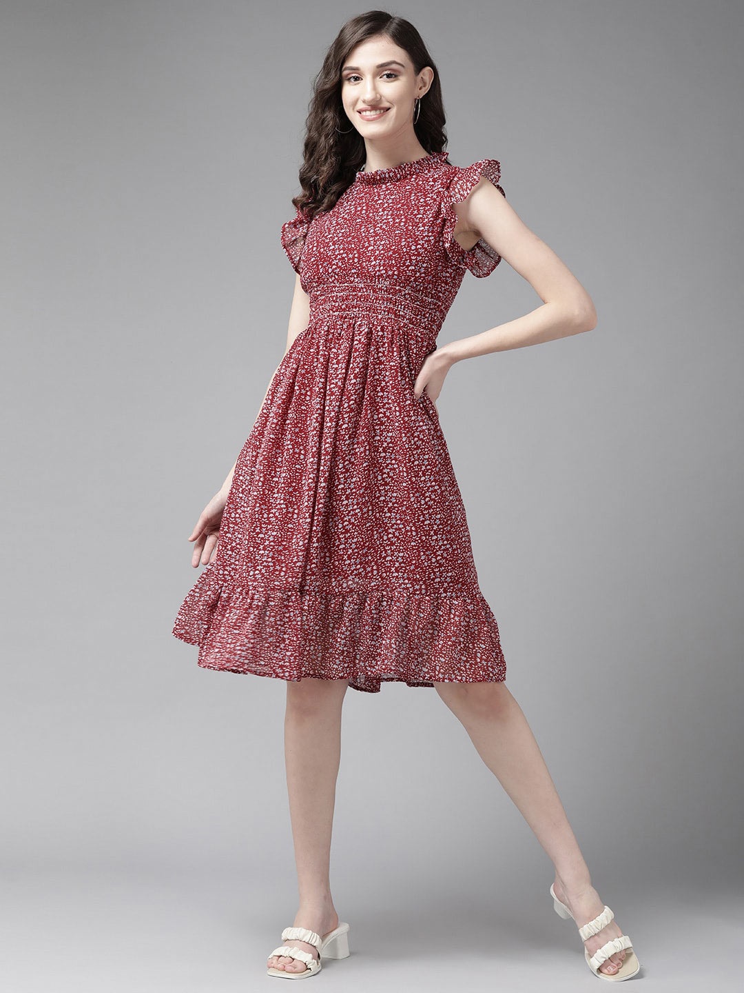 

BAESD Floral Print Flutter Sleeve Georgette Fit & Flare Dress, Maroon