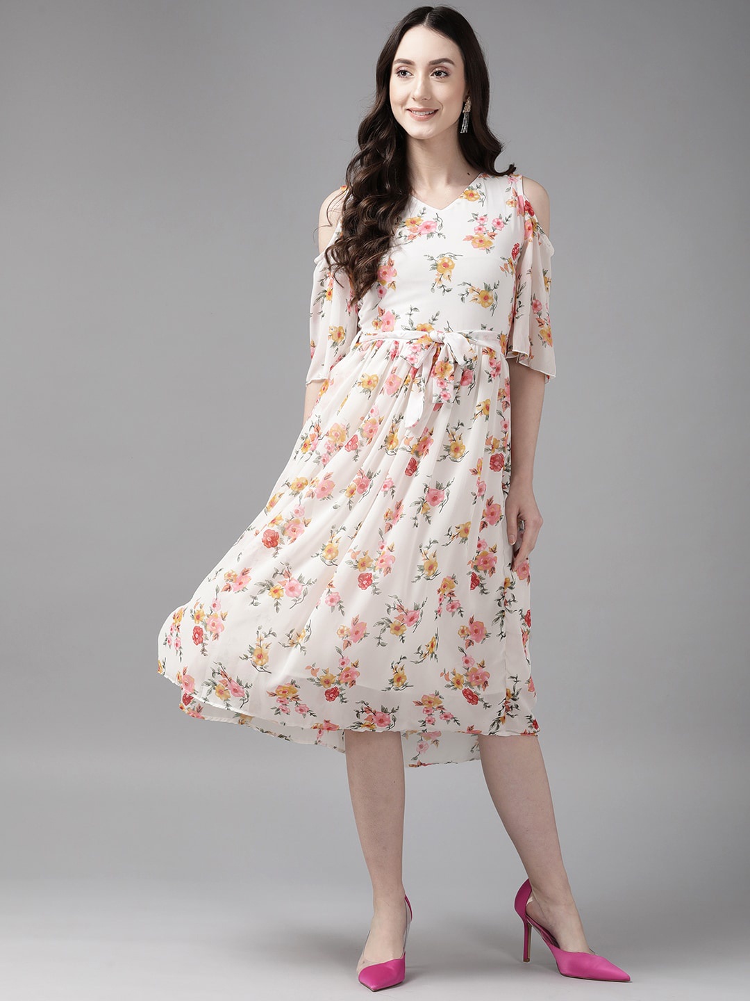 

BAESD Floral Printed Cold-Shoulder Georgette Fit & Flare Midi Dress, White