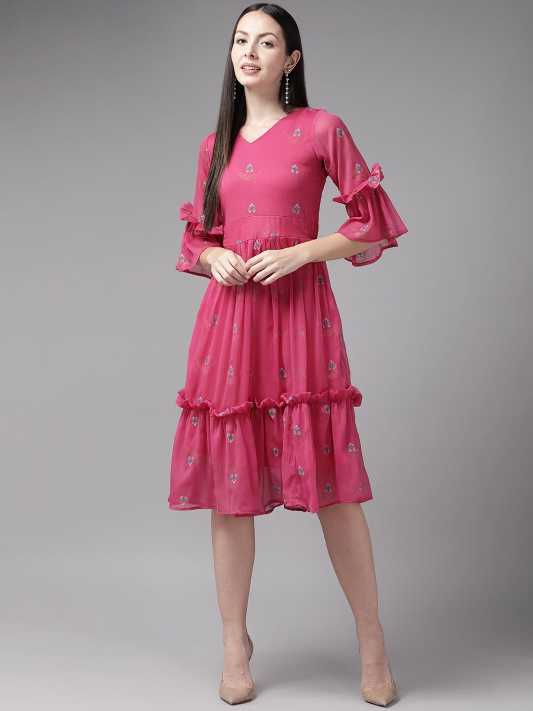 

BAESD Floral Printed Georgette A-Line Dress, Pink