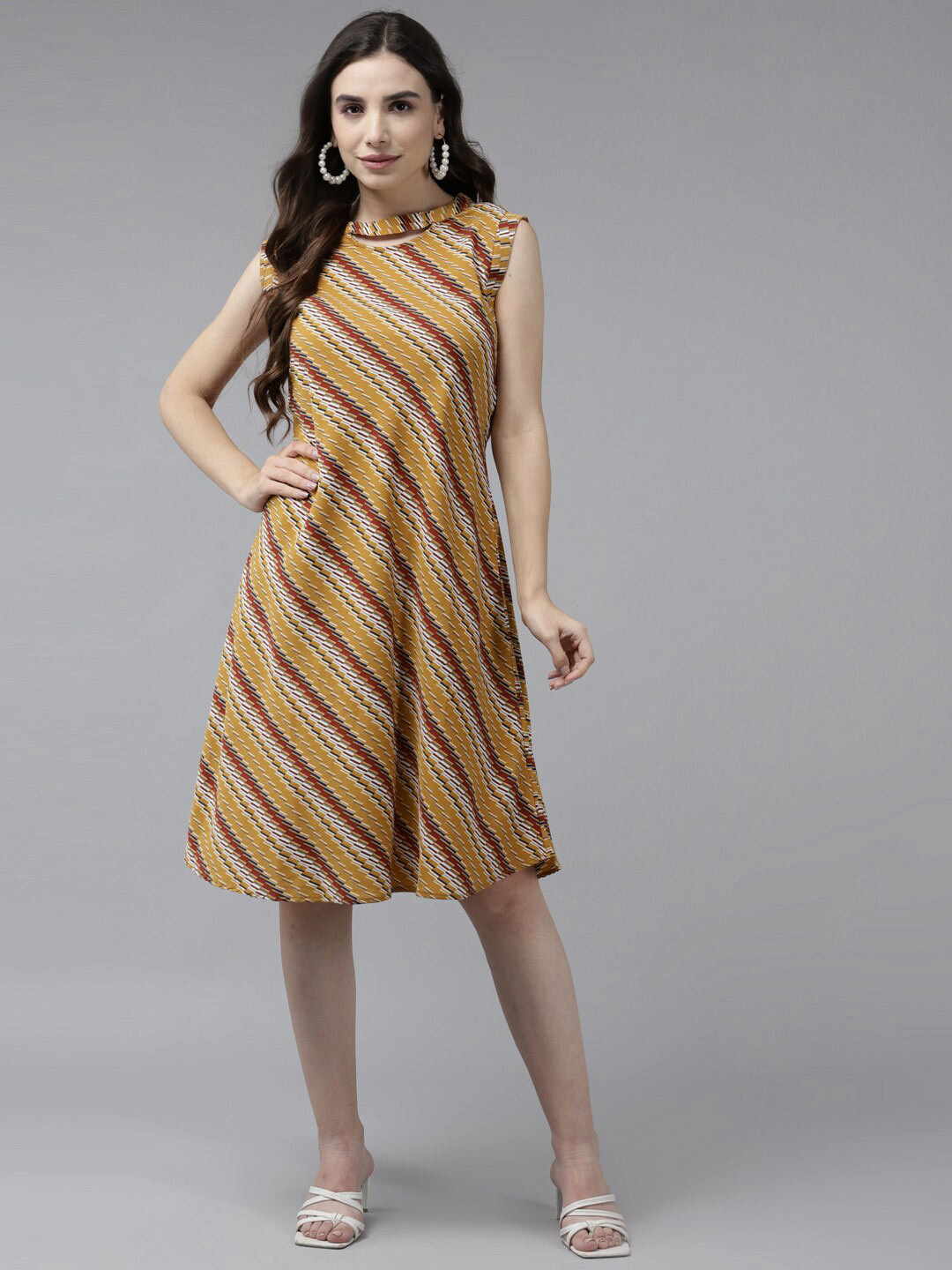

BAESD Striped Georgette A-Line Dress, Mustard