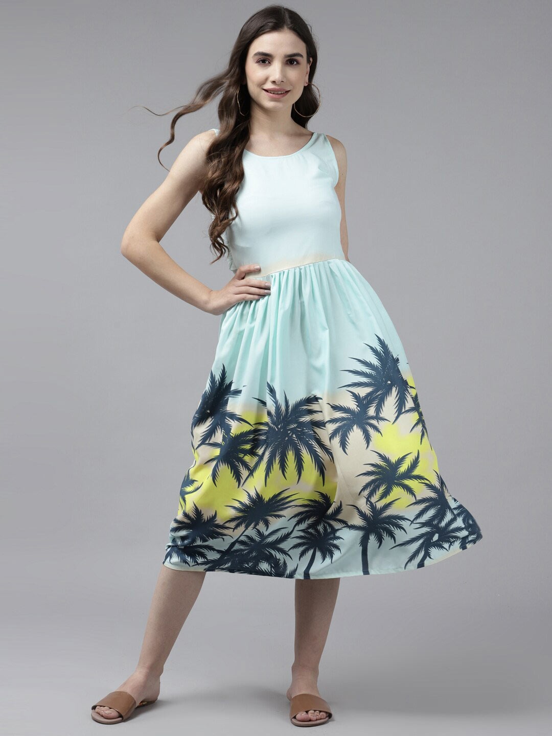

BAESD Tropical Printed Smocked Georgette Fit & Flare Dress, Blue