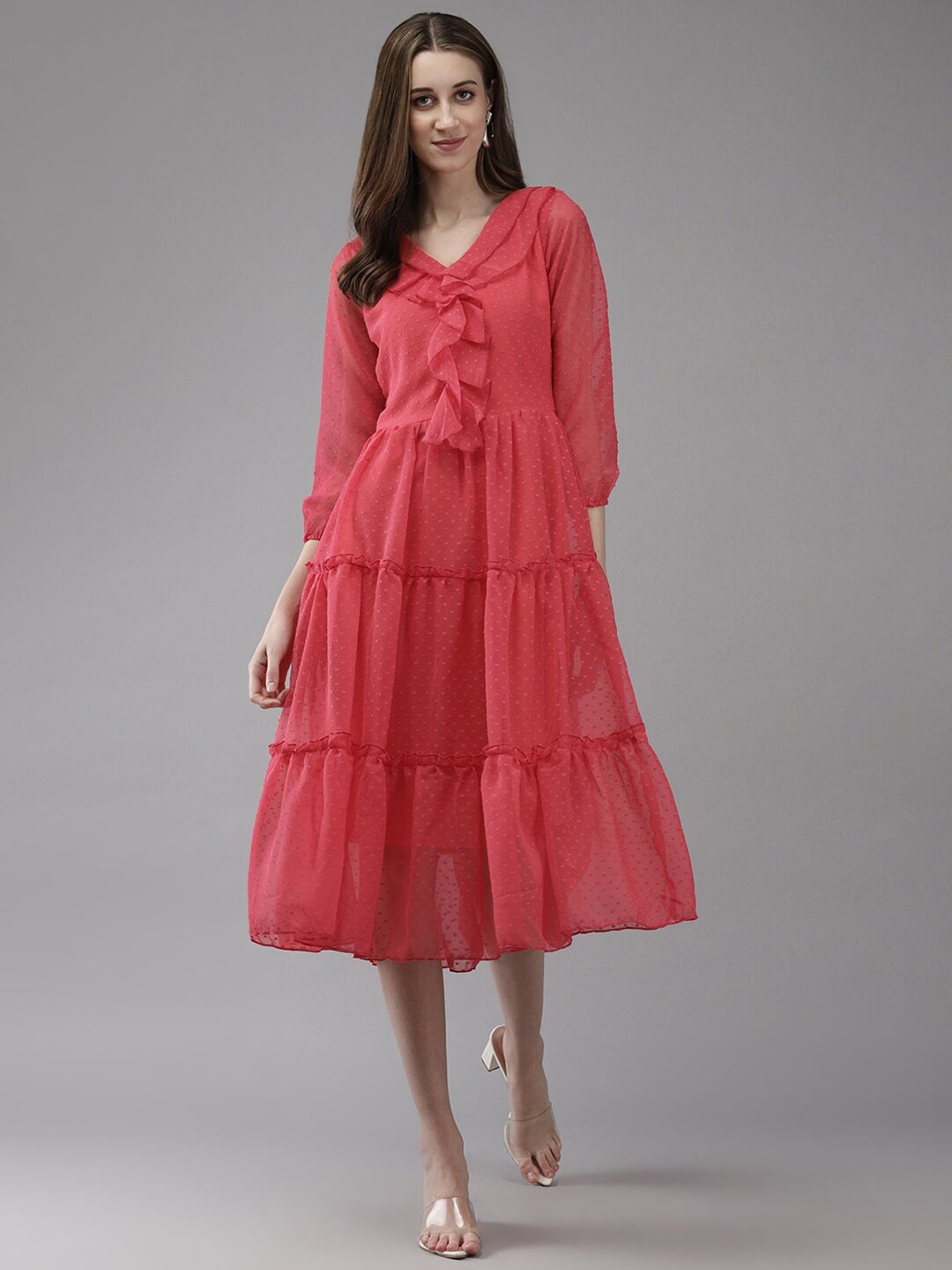 

BAESD Self Design Puff Sleeve Georgette A-Line Midi Dress, Red