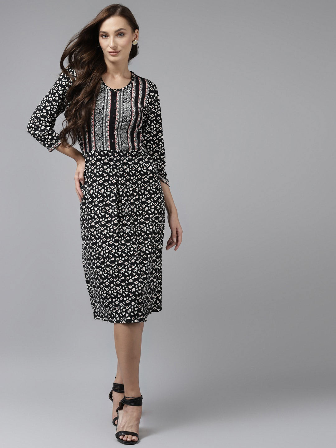 

BAESD Ethnic Motifs Printed A-line Dress, Black