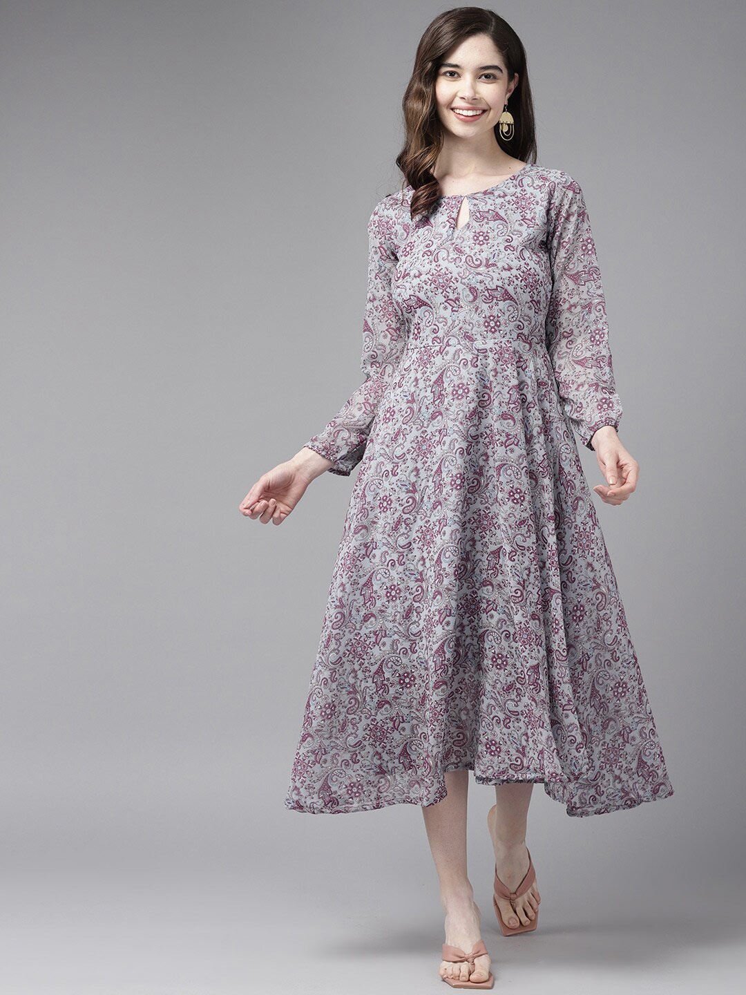 

BAESD Floral Printed Puff Sleeves Georgette Midi Fit & Flare Dress, Grey