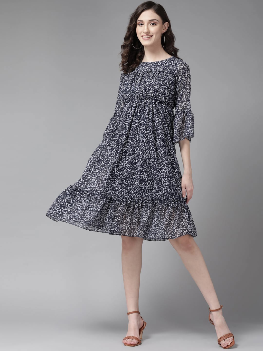 

BAESD Floral Printed Bell Sleeve Georgette Fit & Flared Dress, Navy blue