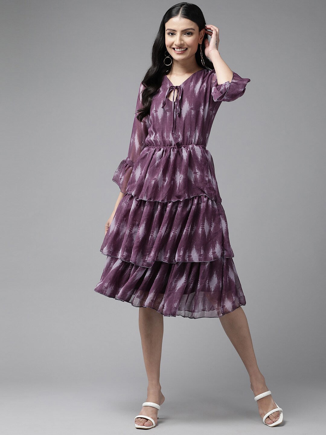 

BAESD Abstract Printed Tie-Up Neck Gathered A-Line Dress, Purple