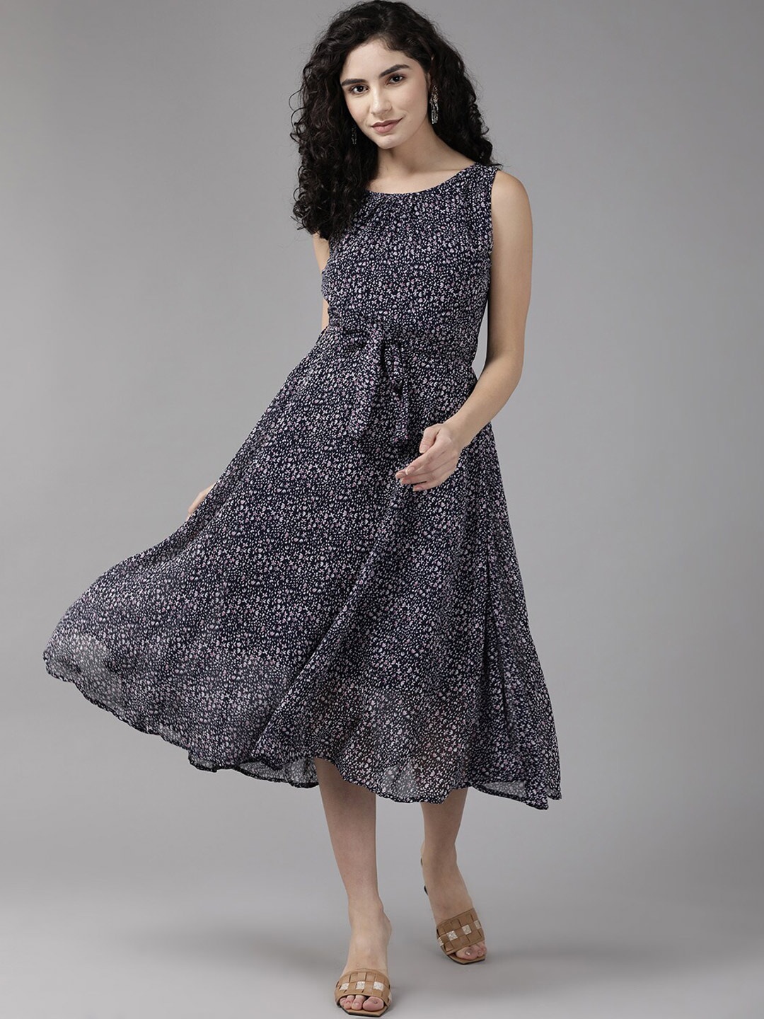 

BAESD Floral Printed Tie up Georgette Fit & Flare Dress, Navy blue