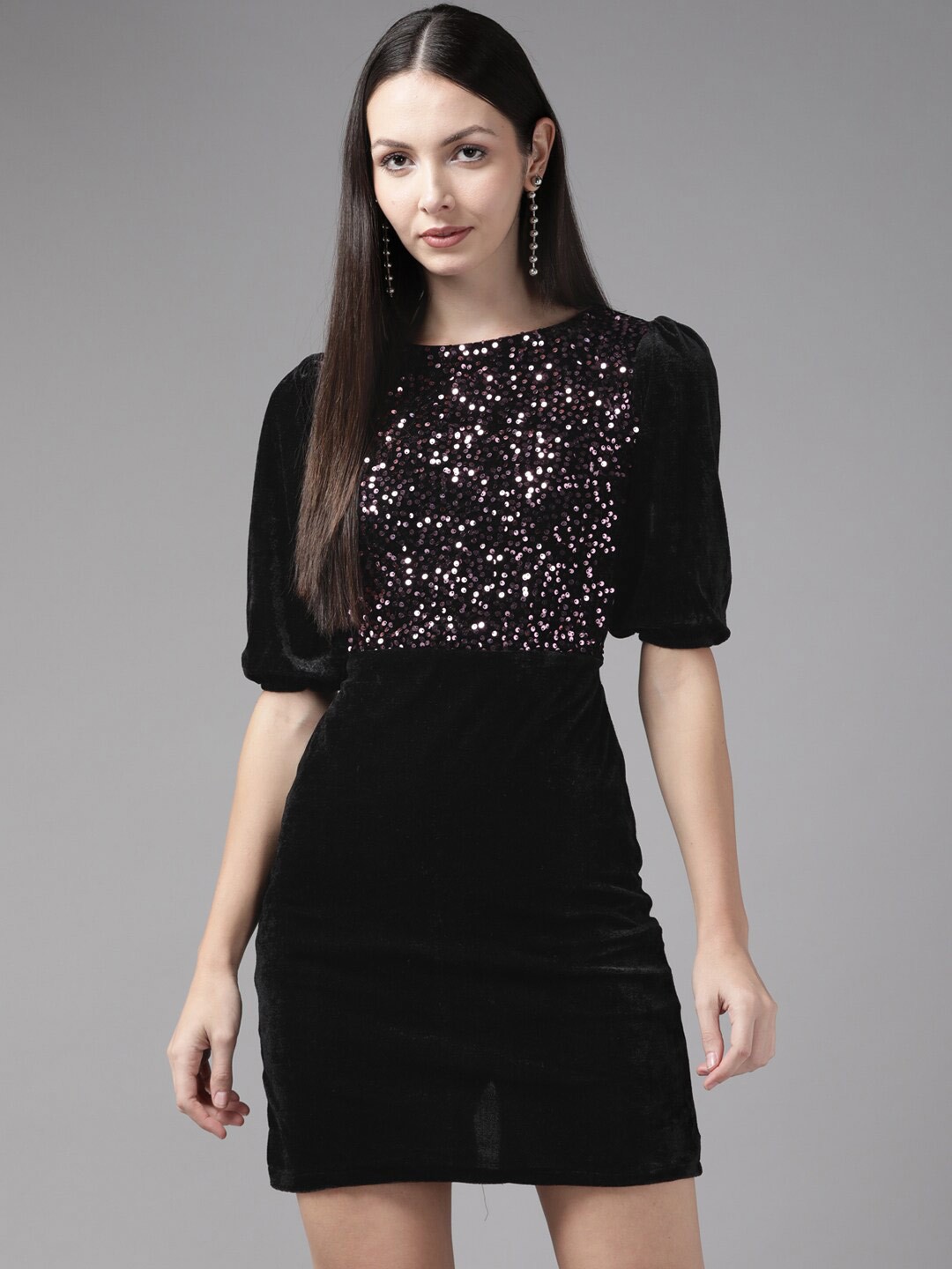 

BAESD Sequined Embellished Bling & Sparkly Velvet Sheath Dress, Black