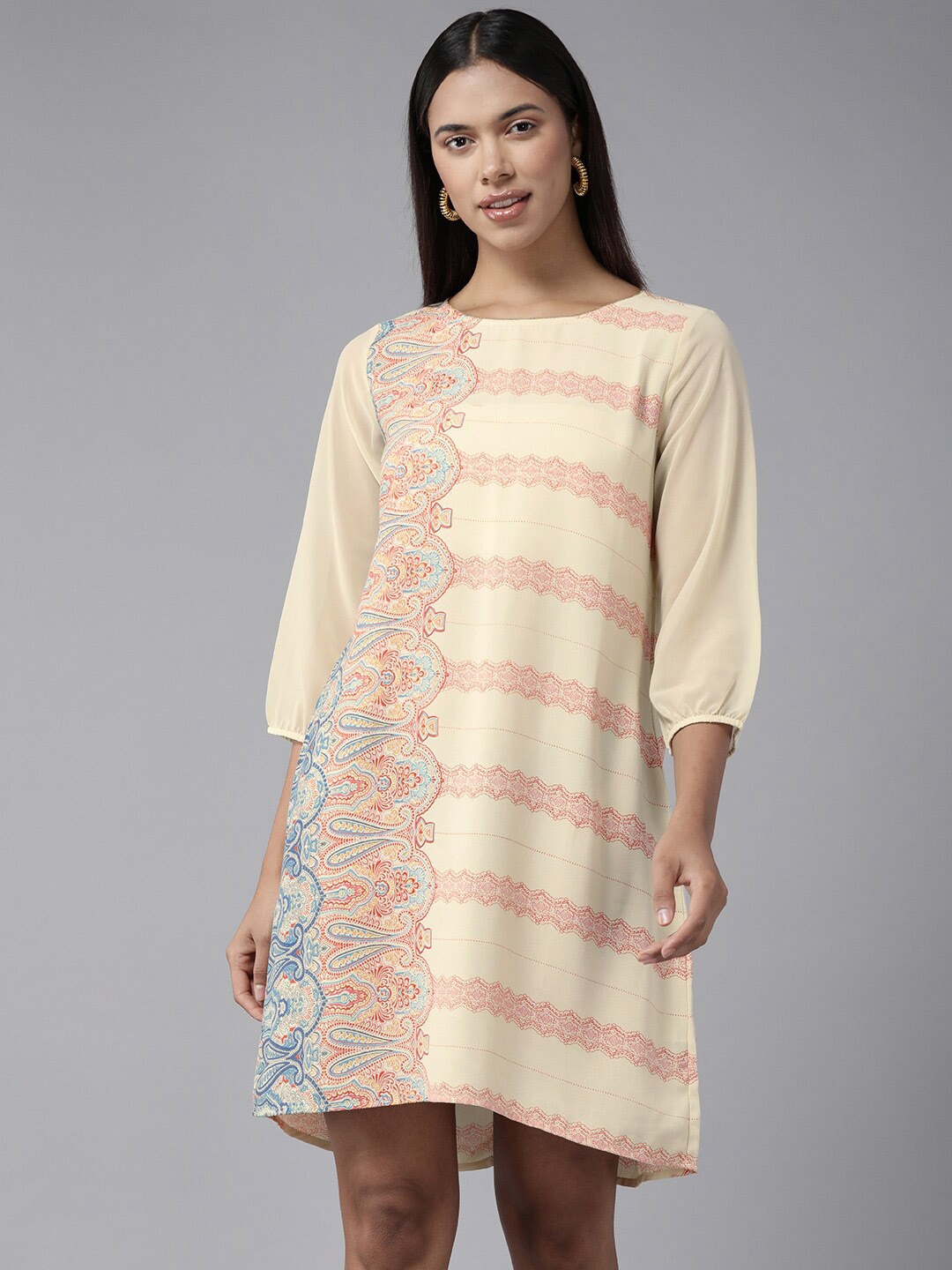 

BAESD Ethnic Motifs Print Puff Sleeve Georgette A-Line Dress, Beige
