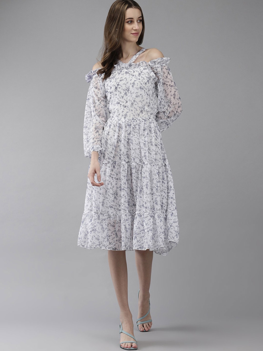

BAESD Floral Print Off-Shoulder Puff Sleeve Georgette Fit & Flare Midi Dress, White