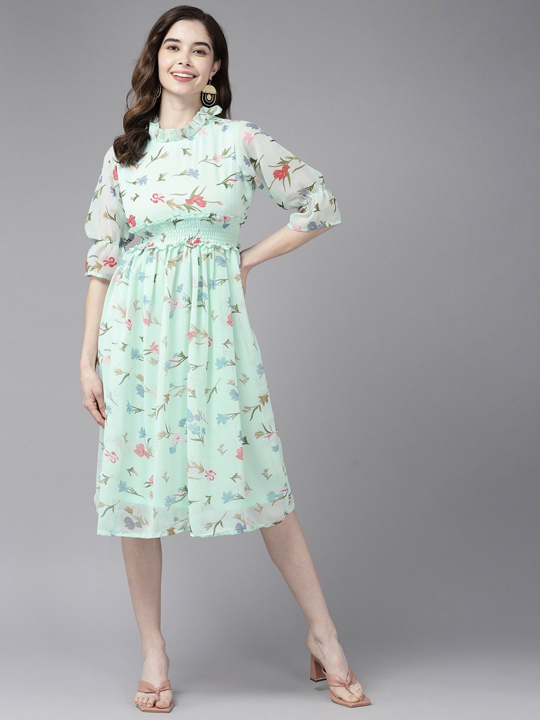 

BAESD Floral Print Georgette A-Line Midi Dress, Turquoise blue