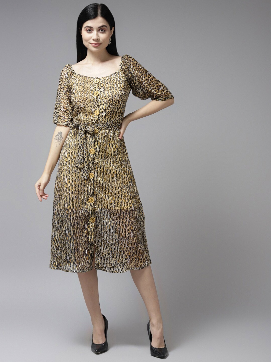 

BAESD Animal Print Puff Sleeve Georgette A-Line Midi Dress, Brown