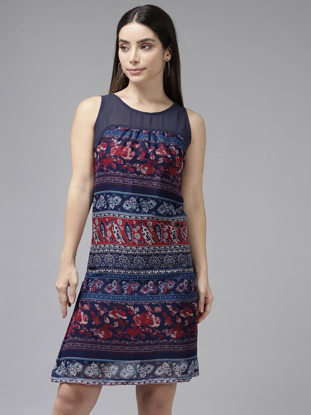 

BAESD Ethnic Motifs Print Georgette A-Line Dress, Navy blue