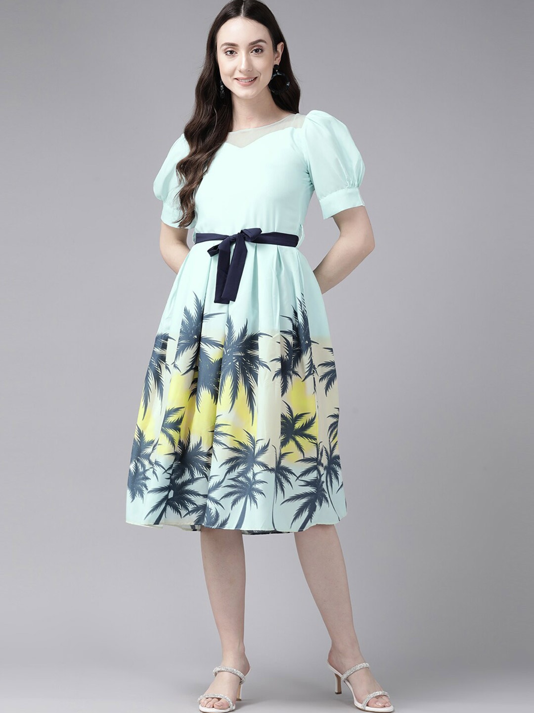 

BAESD Tropical Printed Georgette Fit & Flare Midi Dress With Belt, Sea green