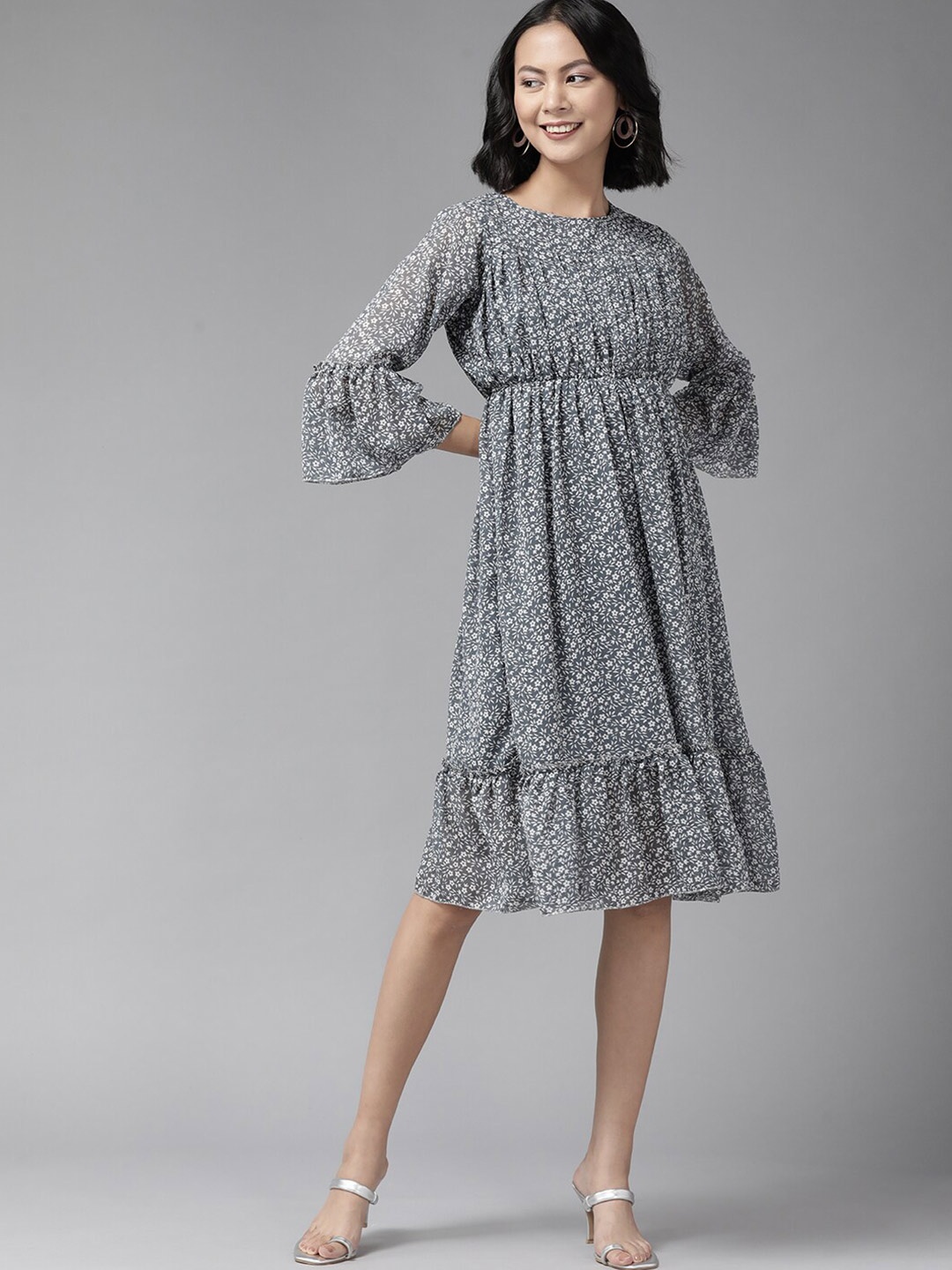 

BAESD Floral Printed Off-Shoulder Georgette A-Line Dress, Grey