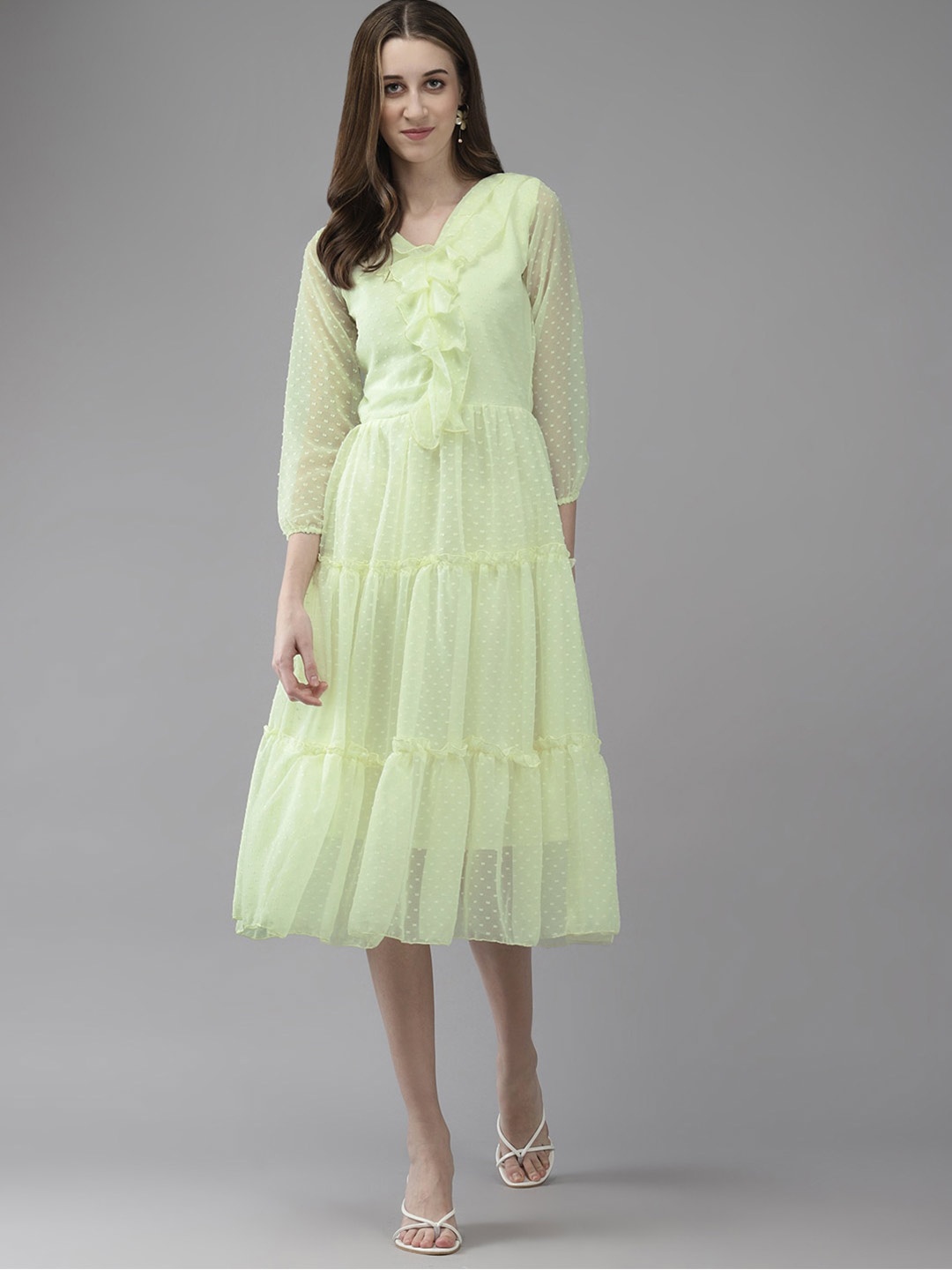 

BAESD V-Neck Puff Sleeve Georgette Fit and Flare Midi Dress, Lime green