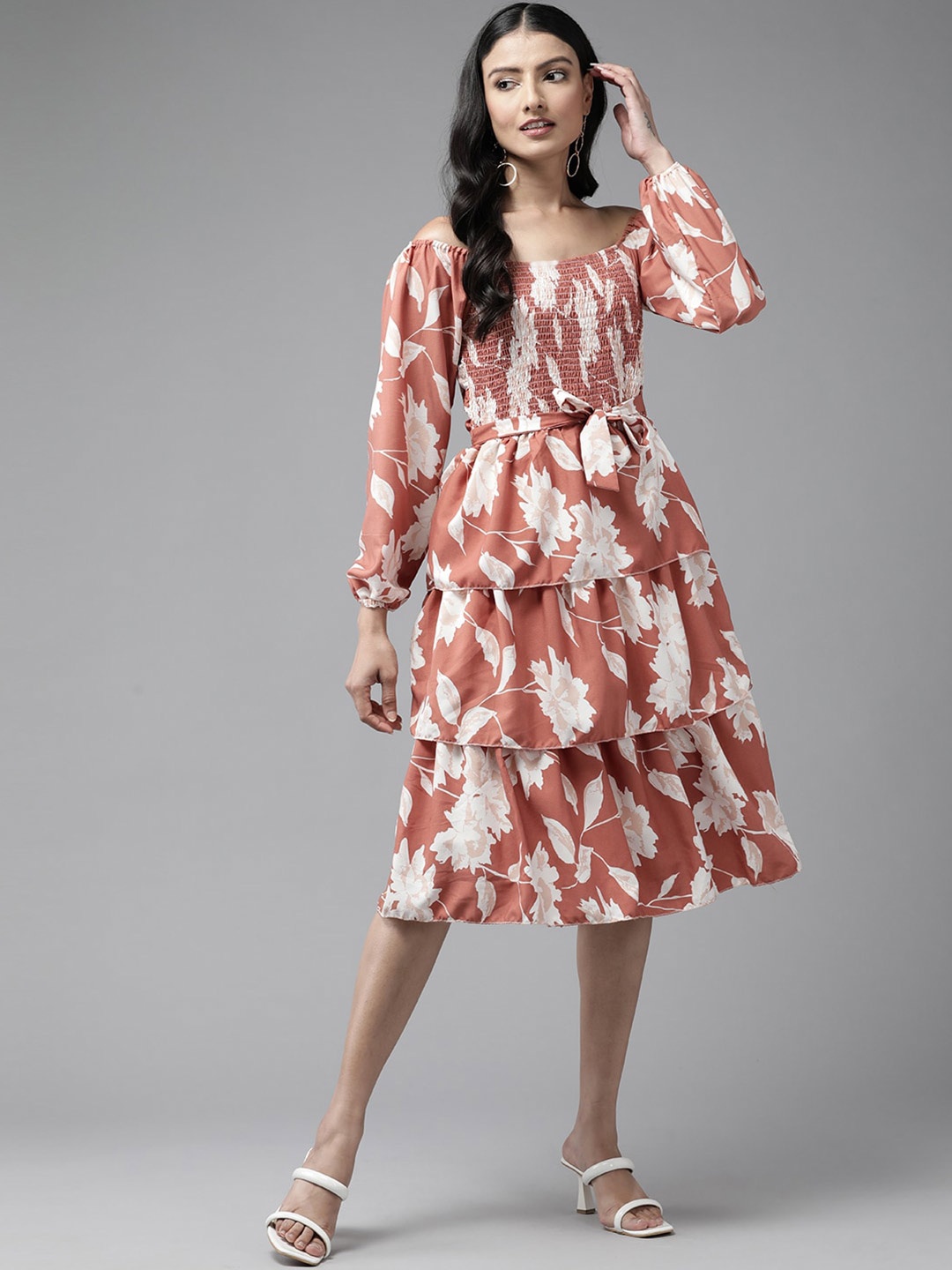 

BAESD Floral Printed Smocked Off-Shoulder Puff Sleeve Fit & Flare Dress, Brown