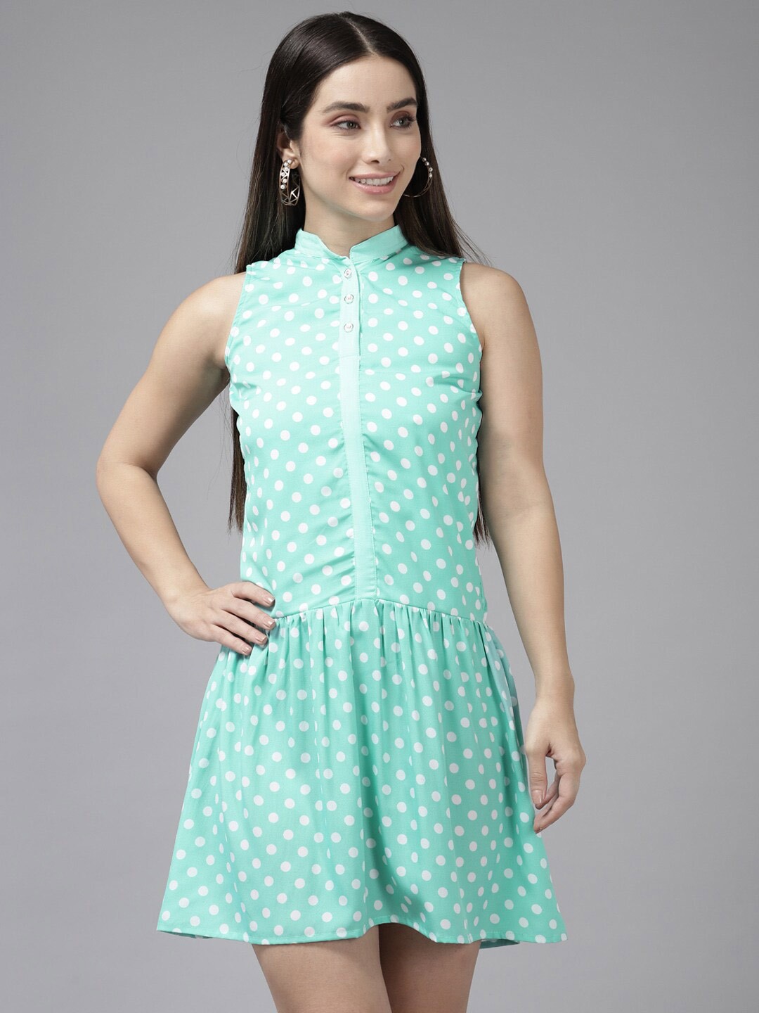 

BAESD Polka Dot Print Cotton Peplum Dress, Turquoise blue