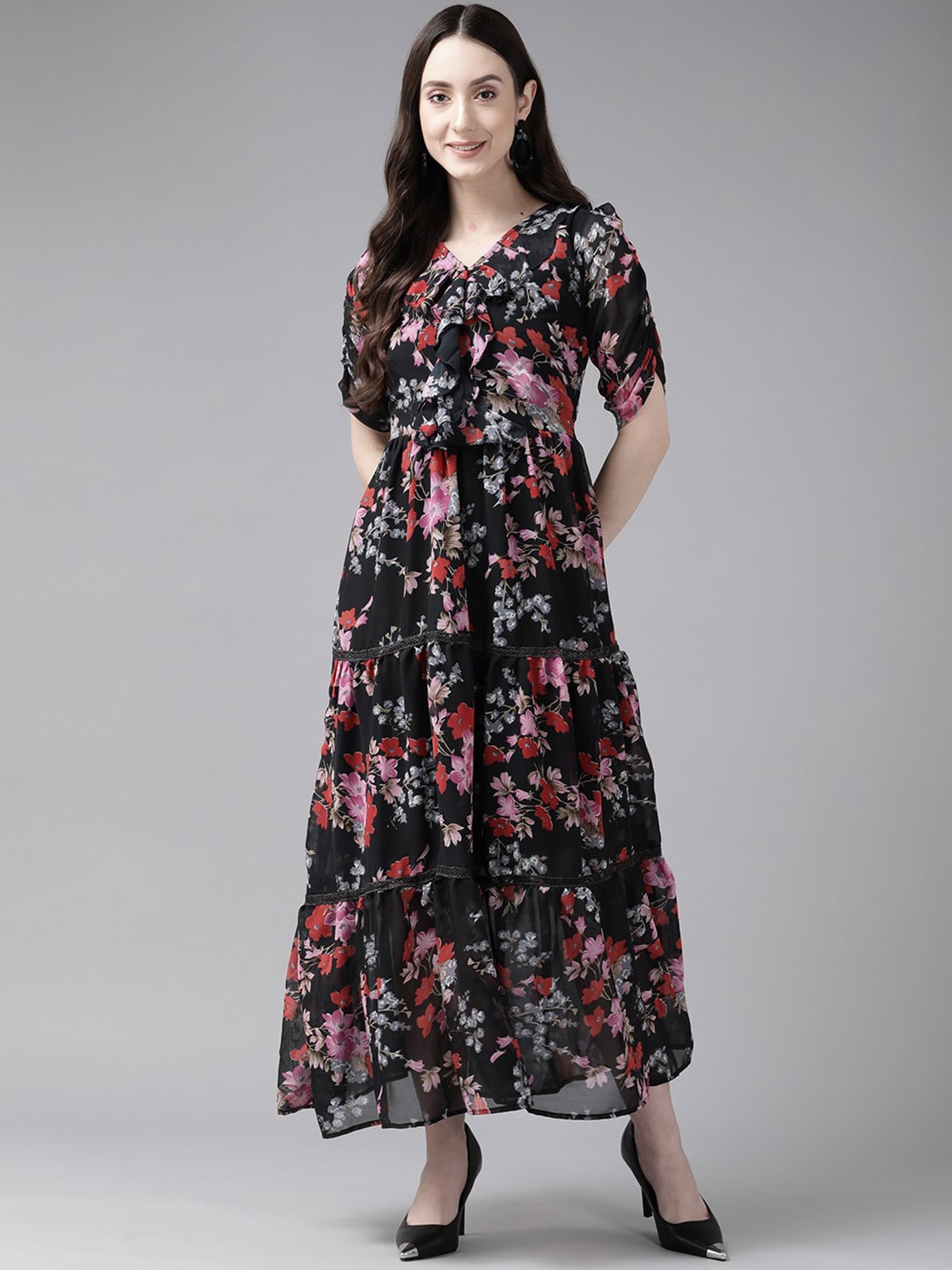 

BAESD Floral Print Slit Sleeve Georgette Maxi Dress, Black