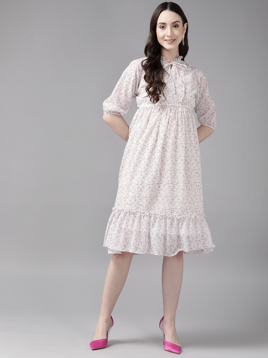 BAESD Floral Printed A-Line Dress, White