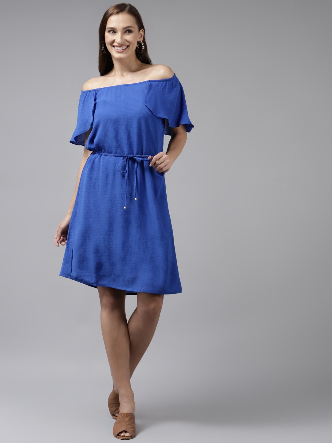 

BAESD Off-Shoulder Tie Up Cotton A-Line Dress, Blue