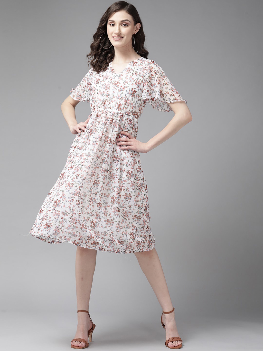 

BAESD Floral Print Flared Sleeve Georgette Fit & Flare Dress, White
