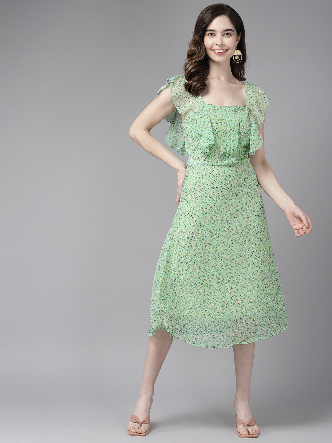 

BAESD Floral Printed Flutter Sleeves Georgette A-Line Midi Dress, Green