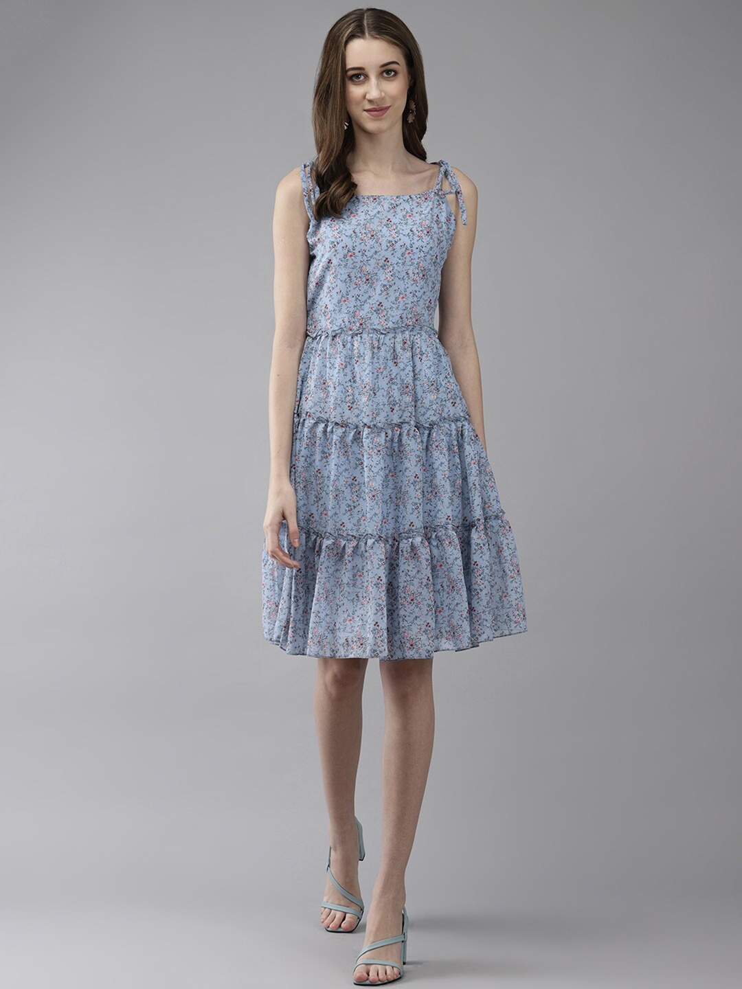 

BAESD Floral Printed Georgette A-Line Dress, Blue