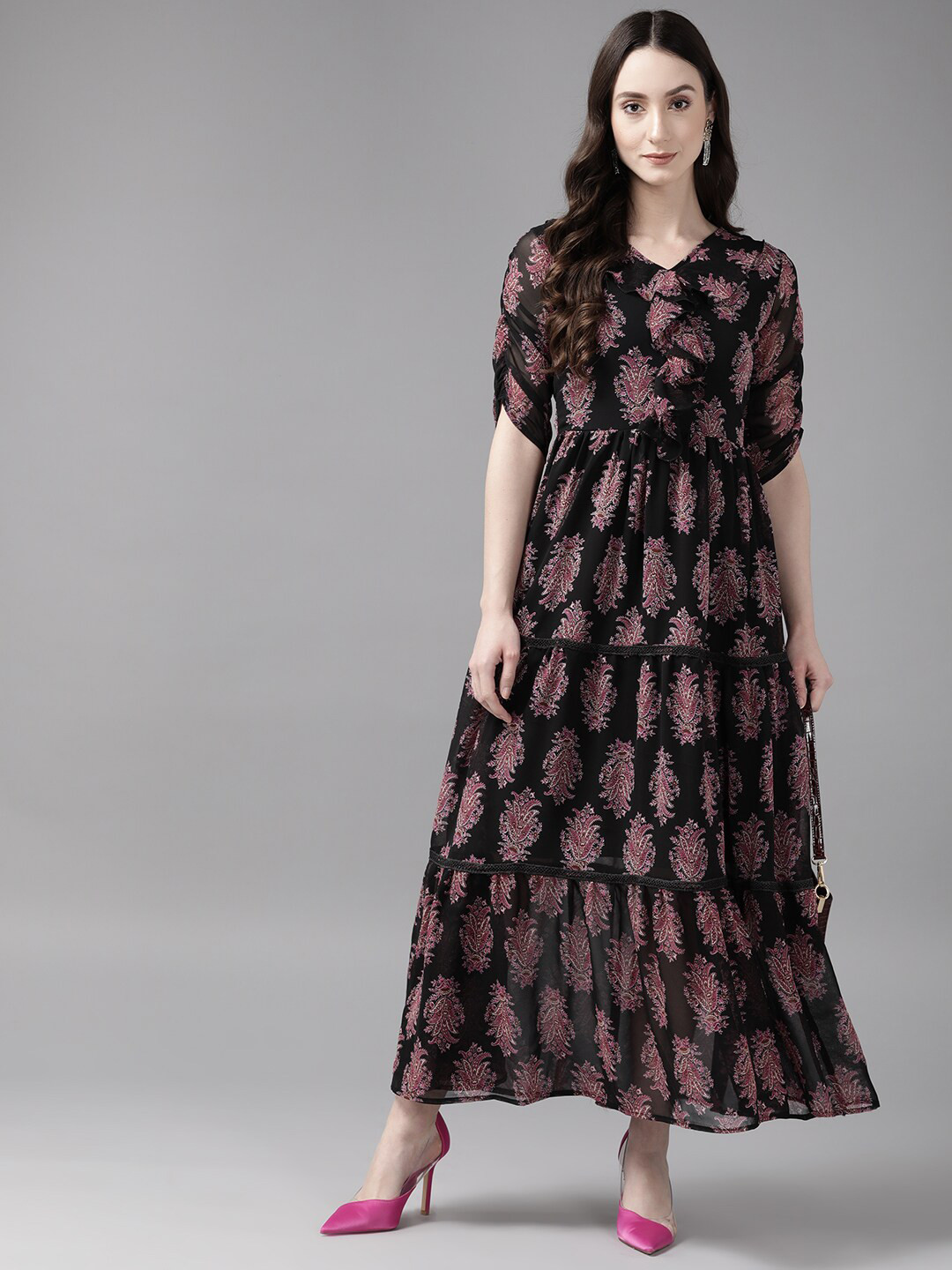 

BAESD Floral Printed Puff Sleeve Georgette Maxi Dress, Black