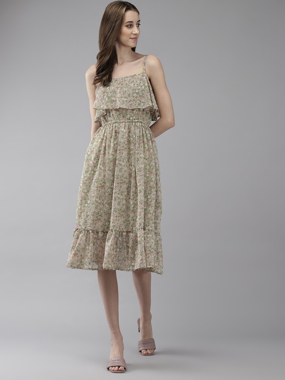 

BAESD Floral Printed Shoulder Straps Georgette Fit & Flare Midi Dress, Green
