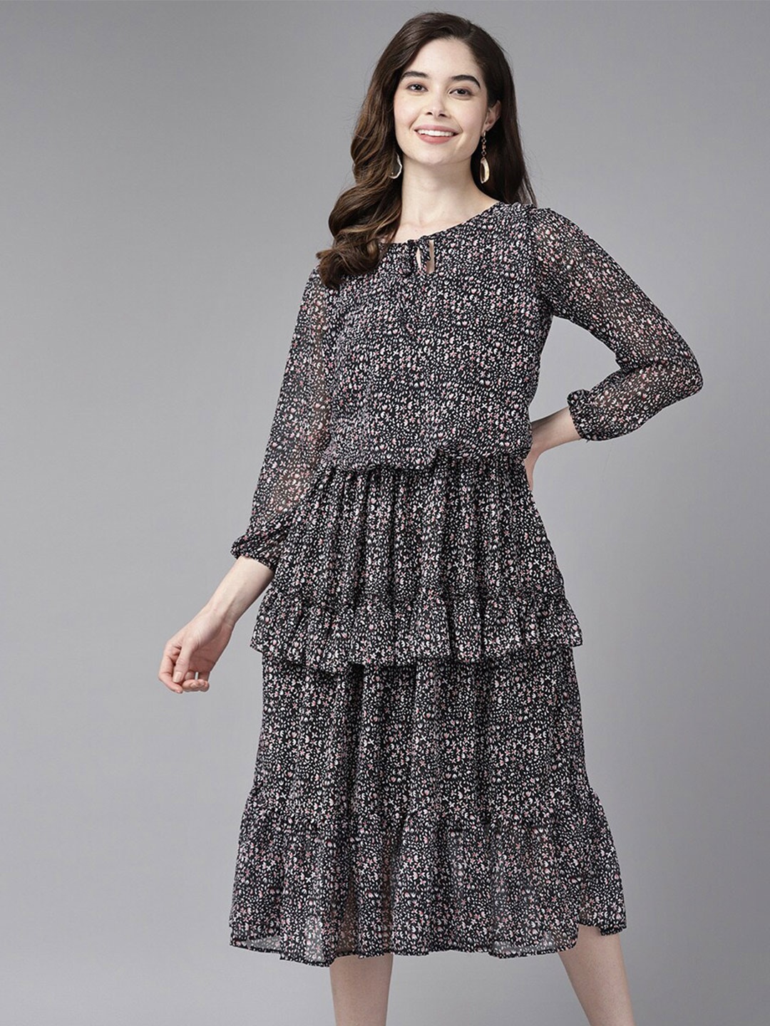 

BAESD Floral Printed Tie Up Neck Georgette Fit And Flare Midi Dress, Black