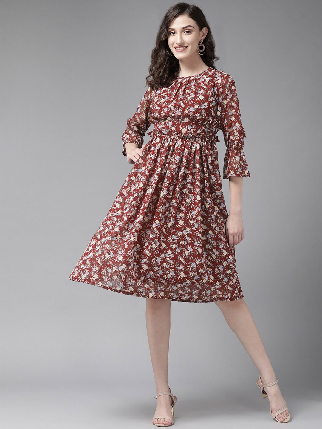 

BAESD Floral Printed Georgette Fit & Flare Midi Dress, Maroon
