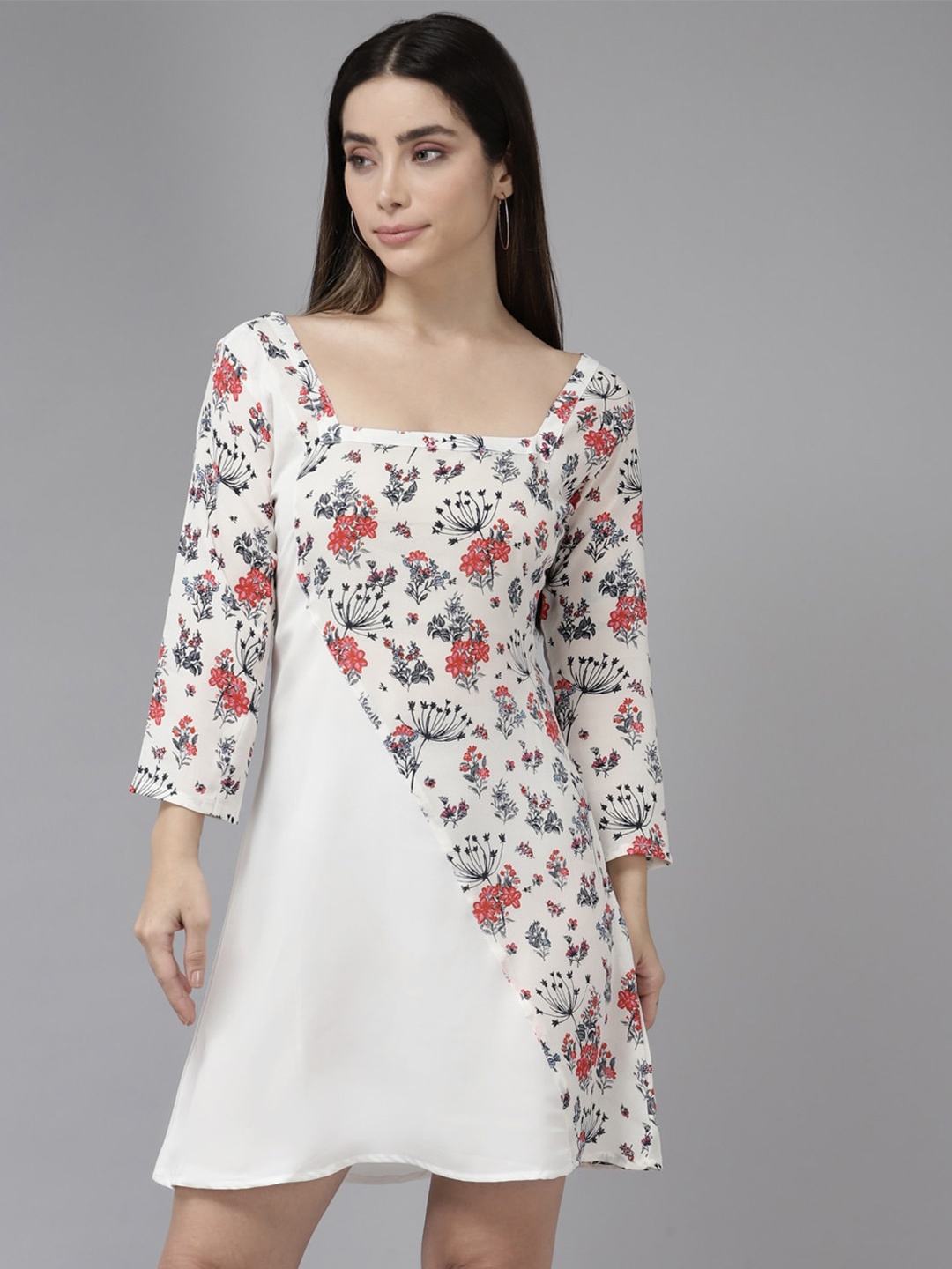 

BAESD Floral Print Georgette A-Line Dress, White