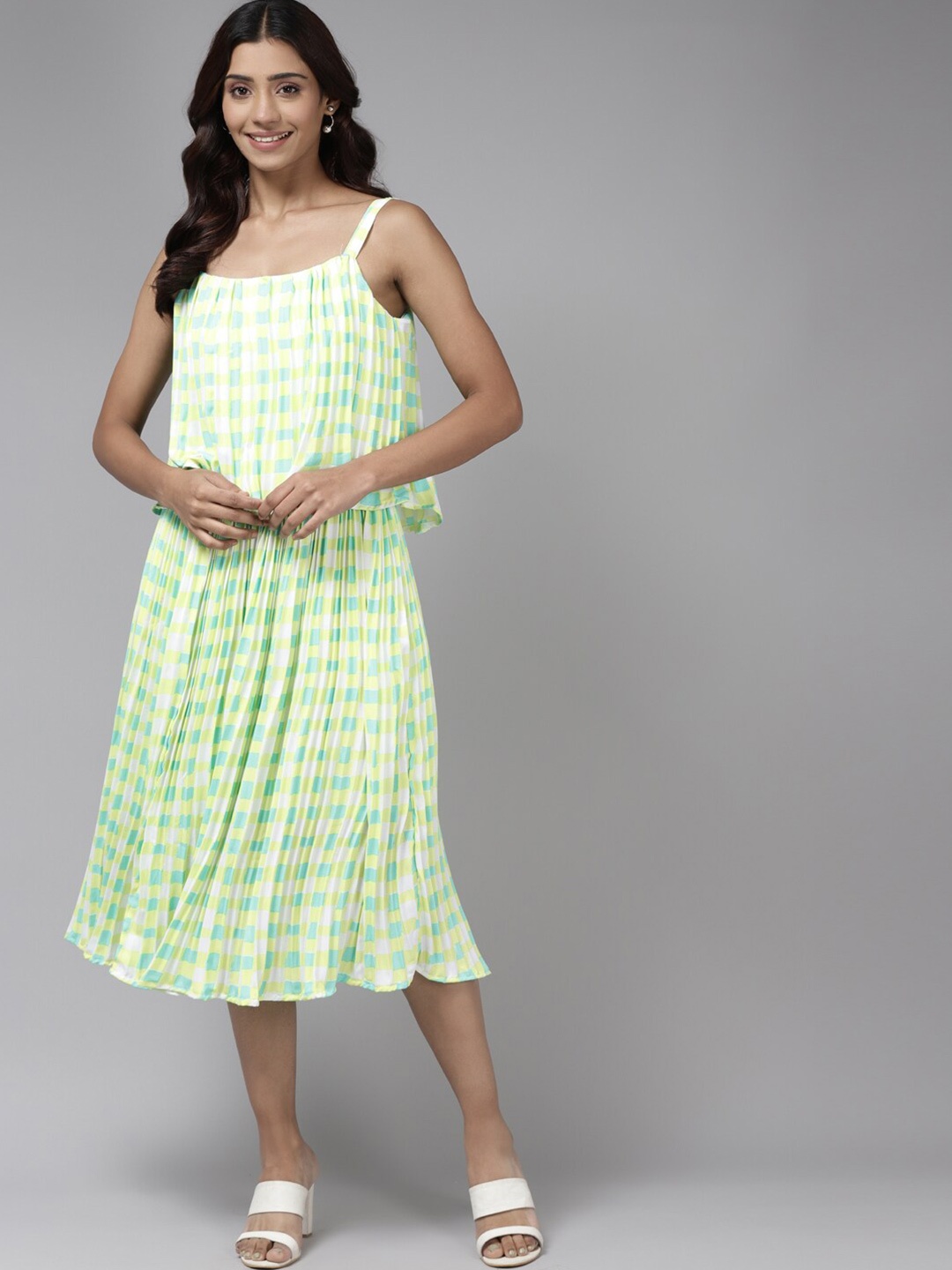 

BAESD Checked Georgette A-Line Midi Dress, White