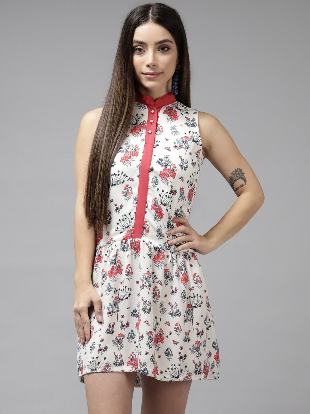 

BAESD Floral Printed Cotton A-Line Dress, White
