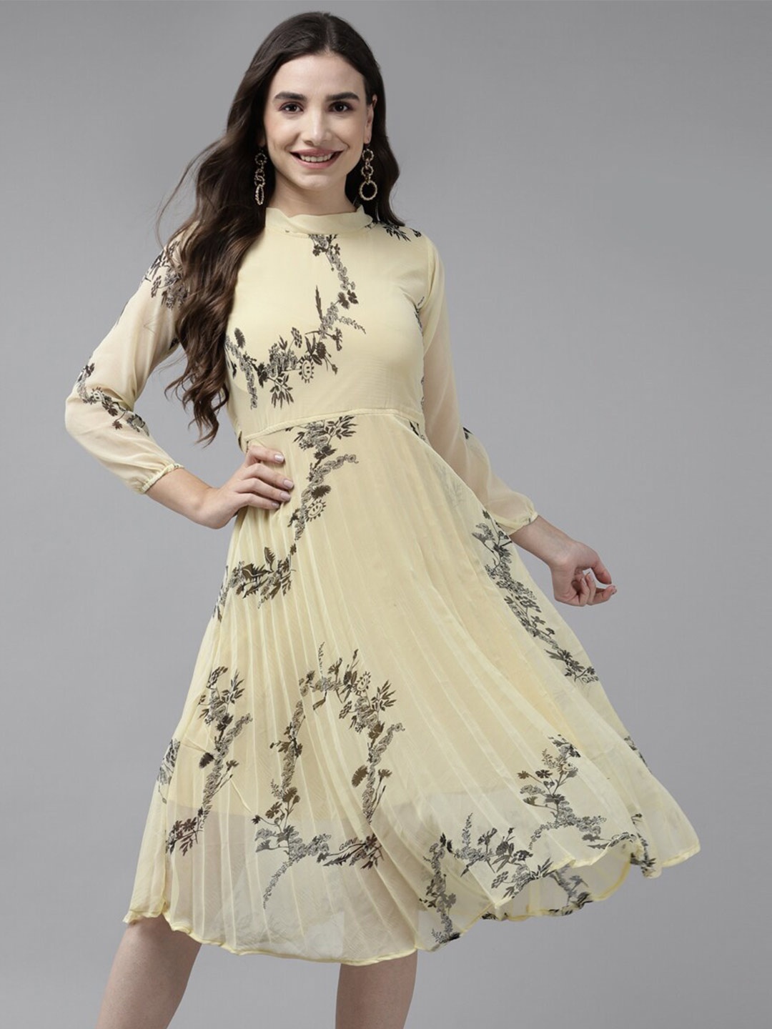 

BAESD Floral Printed Georgette A-Line Midi Dress, Beige