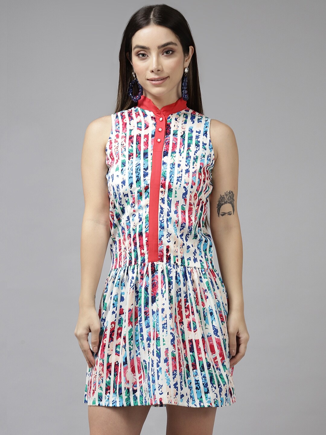 

BAESD Mandarin Collar Print A-Line Dress, White