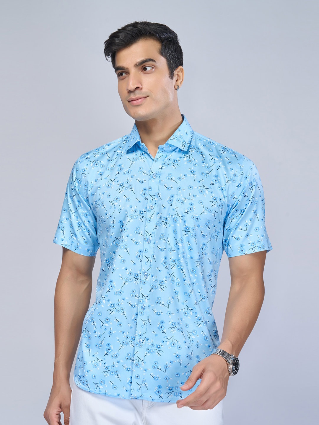 

MARK & ALBERT India Slim Slim Fit Floral Printed Pure Cotton Casual Shirt, Blue