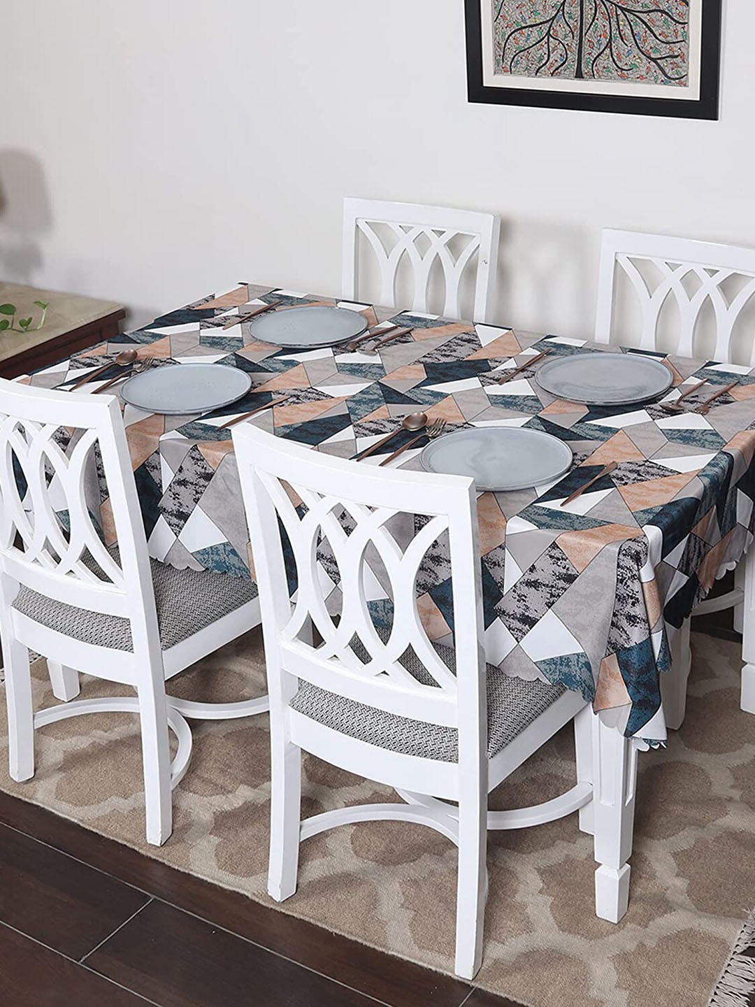 

HOUSE OF QUIRK Grey & Brown Printed Cotton Linen Dust-Proof 4-Seater Table Cover