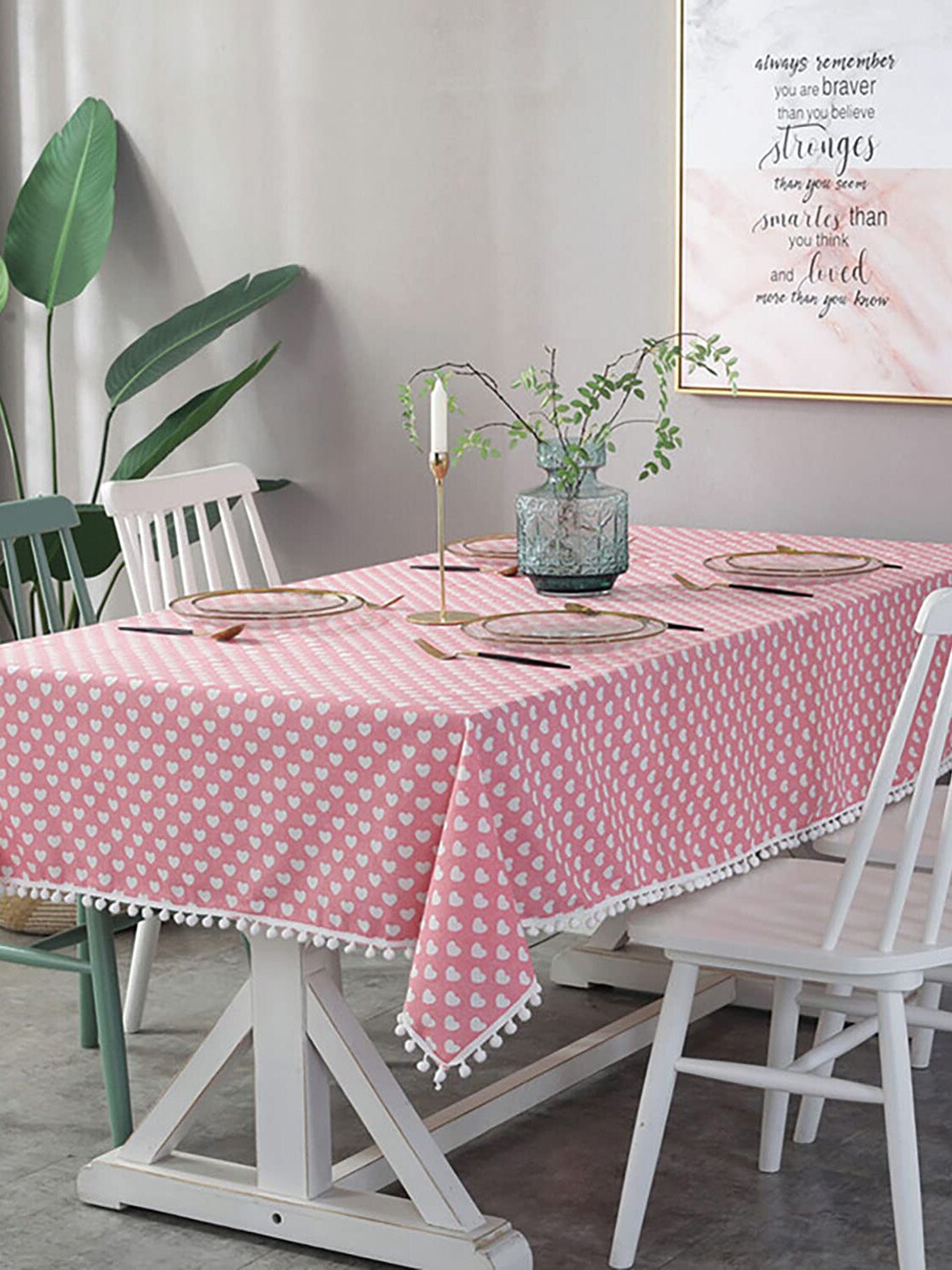 

HOUSE OF QUIRK Pink & White Printed Cotton Linen Dust-Proof 4-Seater Table Cover