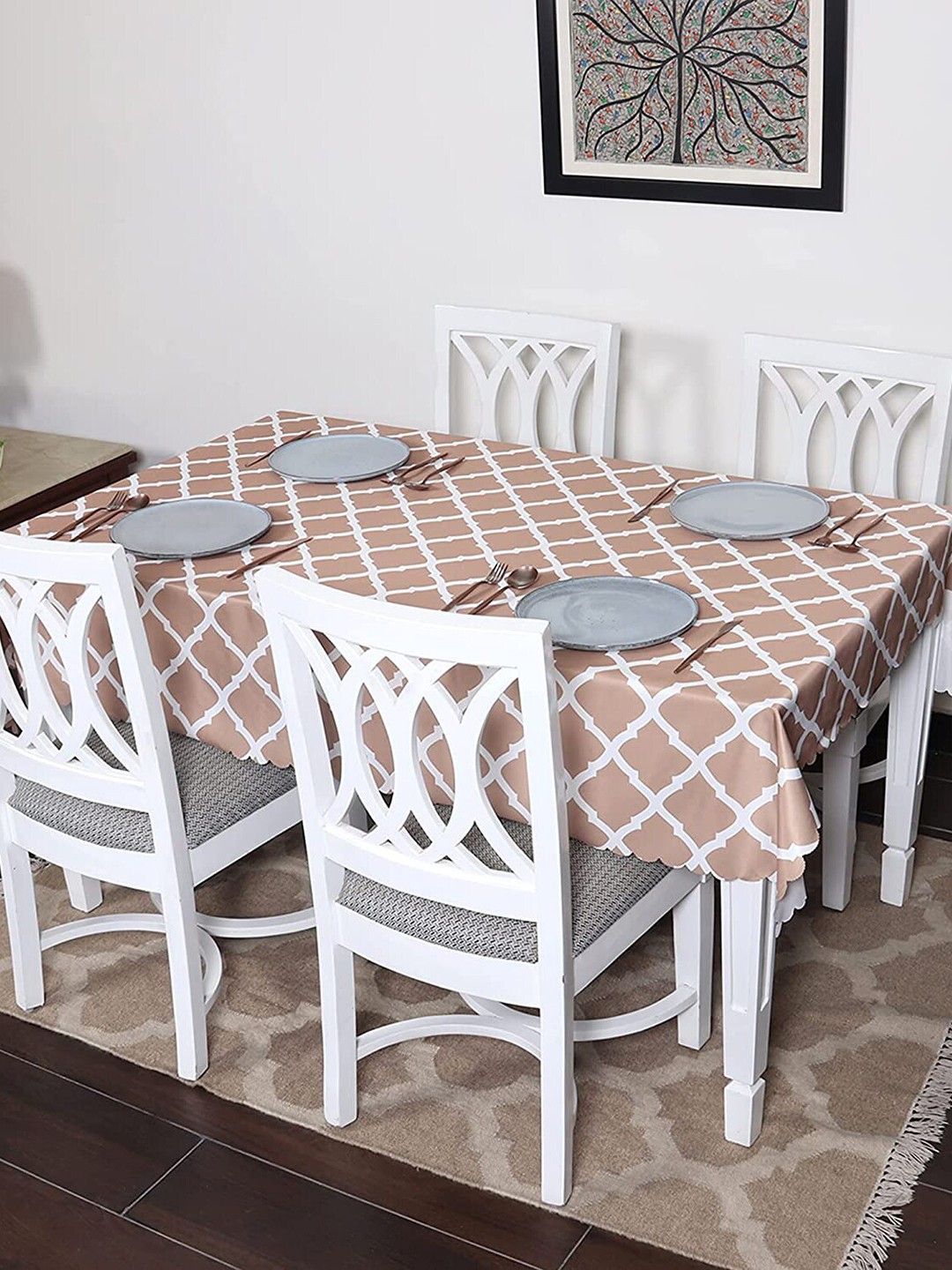 

HOUSE OF QUIRK Beige & White Printed Cotton Linen Dust-Proof 4-Seater Table Cover