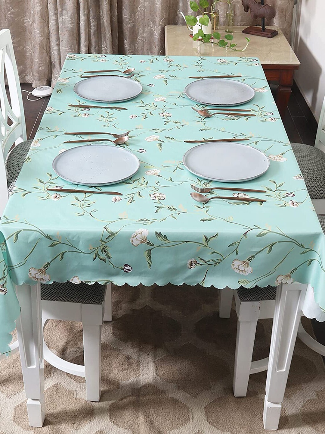 

HOUSE OF QUIRK Green & White Printed Cotton Linen Dust-Proof 4-Seater Table Cover