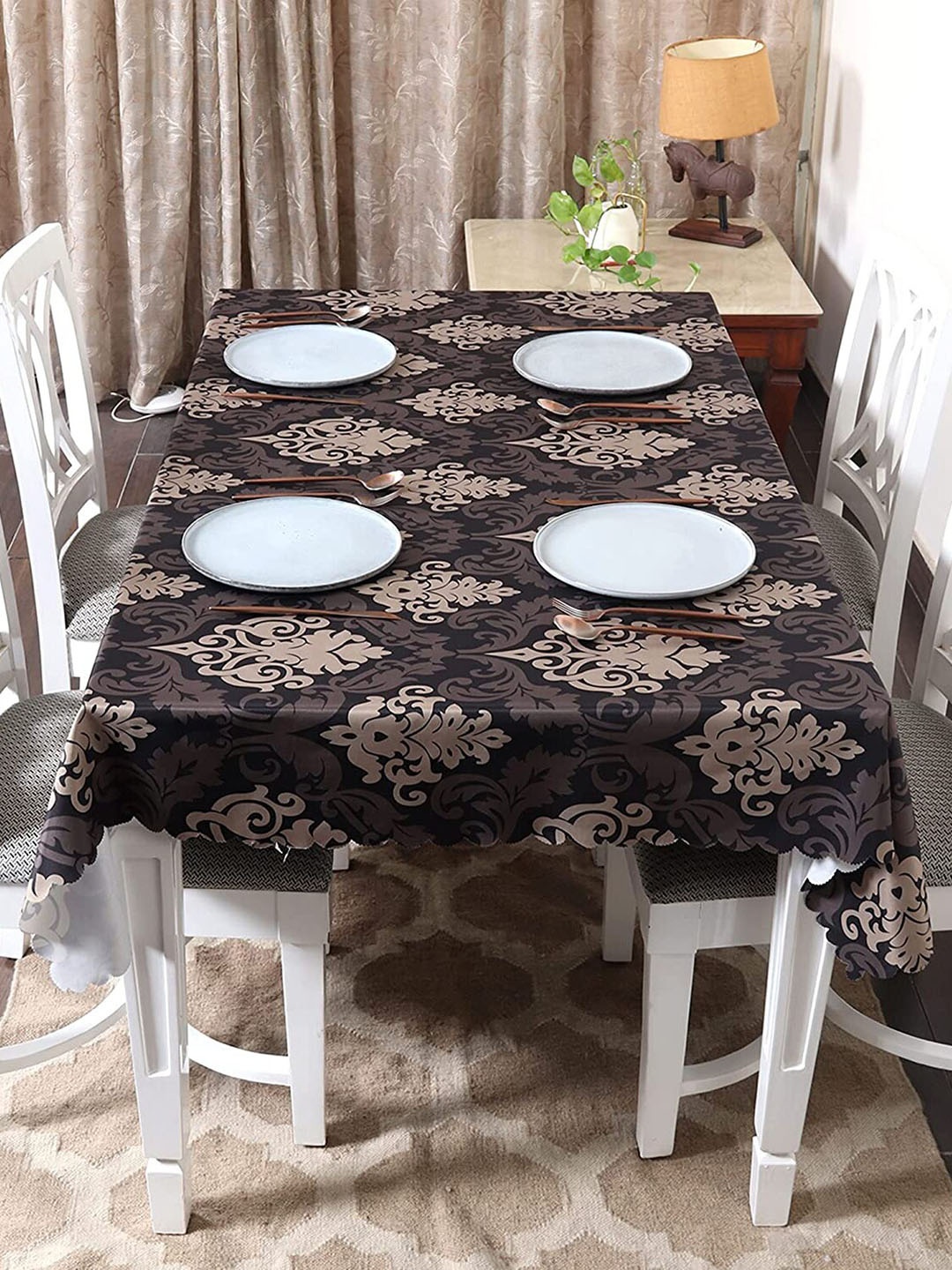 

HOUSE OF QUIRK Brown Ethnic Motifs Printed 4 Seater Cotton Linen Table Cover