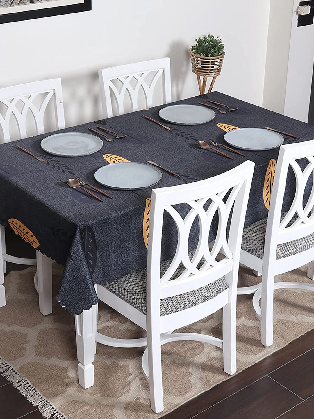 

HOUSE OF QUIRK Grey & Beige Tropical Printed Cotton Linen Table Cloth