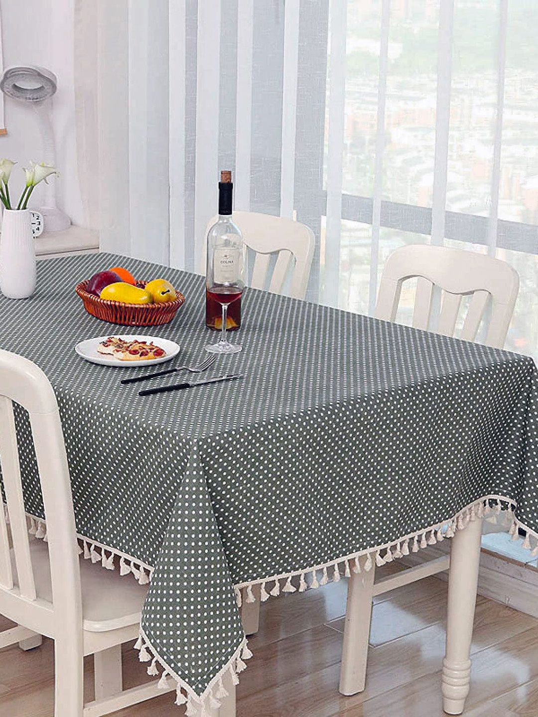 

HOUSE OF QUIRK Grey & White Polka Dot Rectangle Cotton Linen Dust-Proof Table Cover