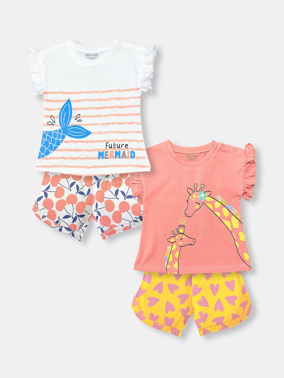 

MISS&CHIEF BABY Infant Girls Pack Of 2 Printed Pure Cotton T-shirt with Shorts, White