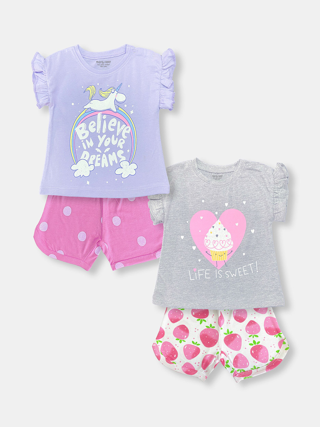 

MISS&CHIEF BABY Infant Girls Pack Of 2 Printed Pure Cotton T-shirt with Shorts, Purple